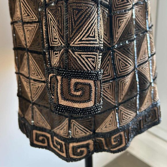 Hand-Beaded Black & Bronze Silk Geometric Jacket w/ Greek Key Borders – US XS/S - Picture 9 of 10